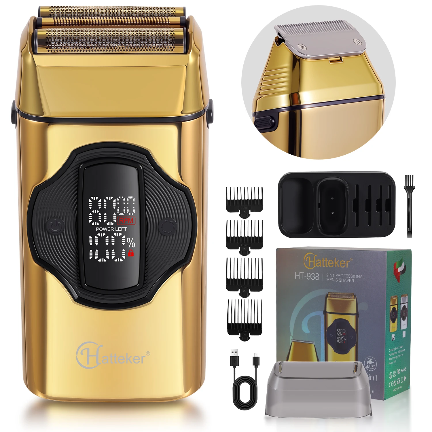 Hatteker Electric Shaver for Man 2-in-1 Beard Trimmer Hair Clipper Set Multi-Speed Adjustable Shaving Razor