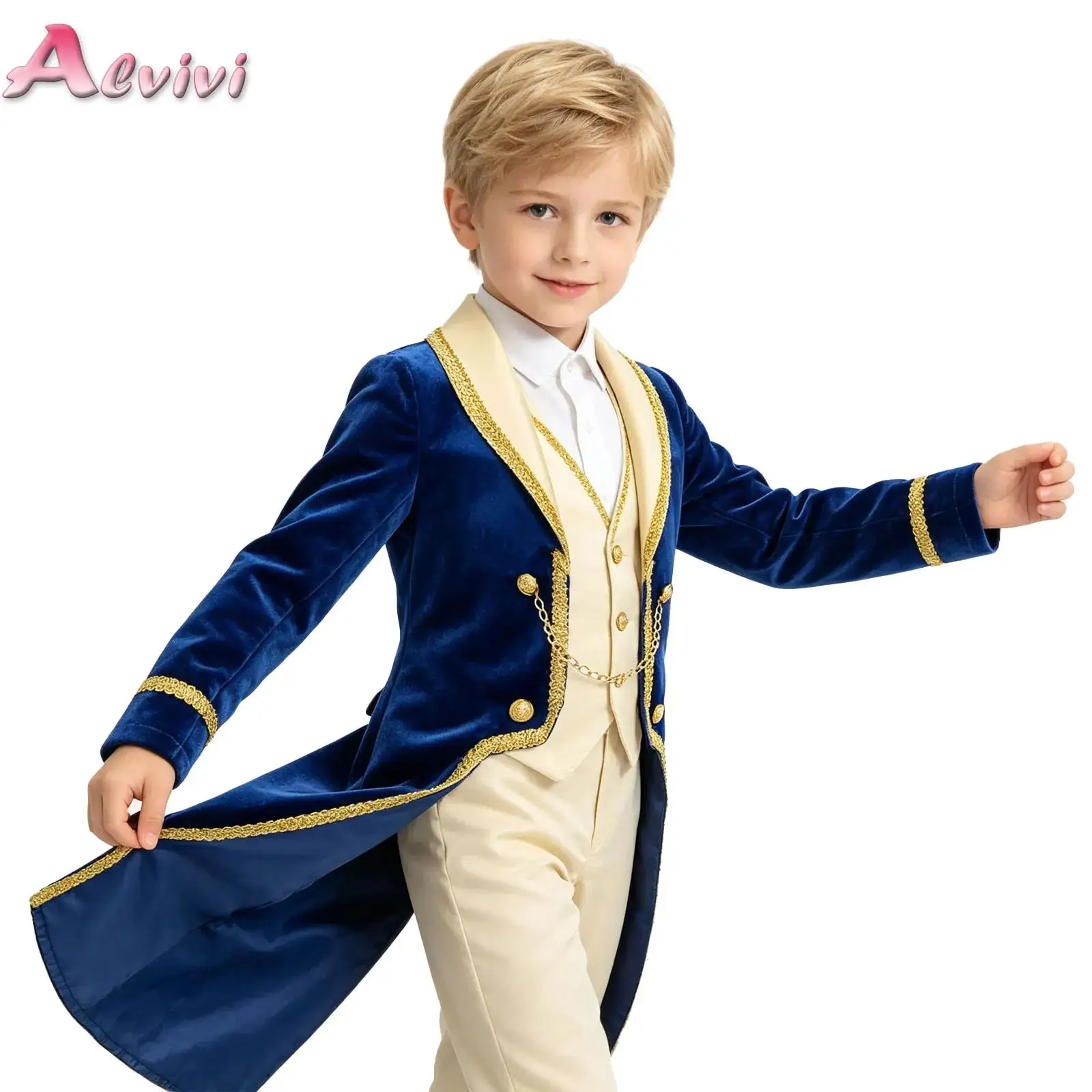 Kids Boys Prince Cosplay Costume Halloween Vintage Royal Court Dress Up Birthday Theme Party Tailcoat Long Sleeves Tuxedo Coat