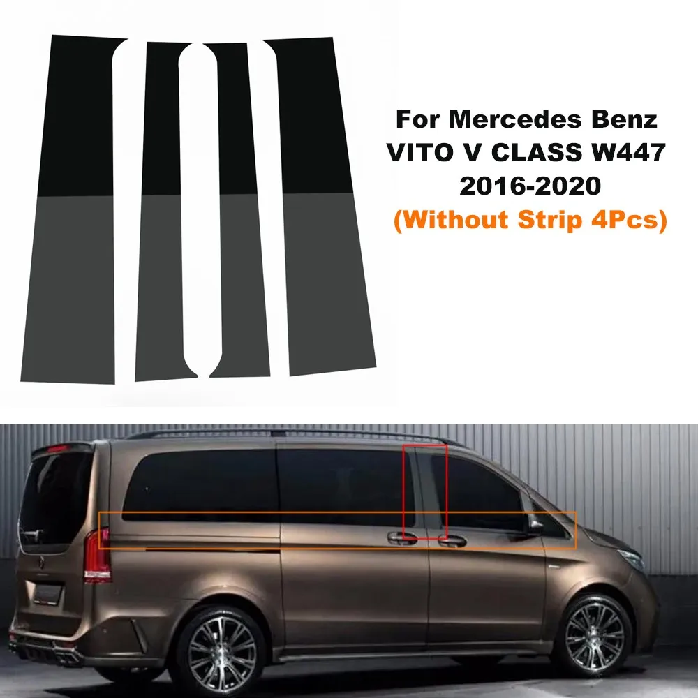 4Pcs Glossy Black Car Pillar Posts Door Window Trim Cover For Mercedes Benz VITO V CLASS W447 2016-2020 BC Column Sticker