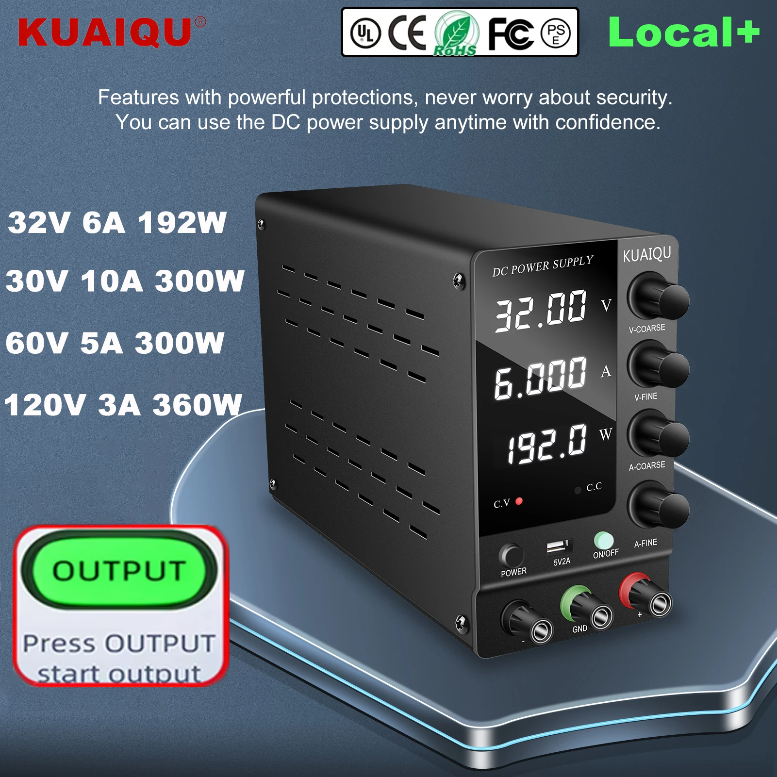 KUAIQU SPS-C3206 32V 6A Alimentation électrique réglable, SPS-C3010  source d'alimentation CC régulée 30V 10A pour réparation et bricolage, sortie USB 60V 5A/120V 3A, 4 boutons