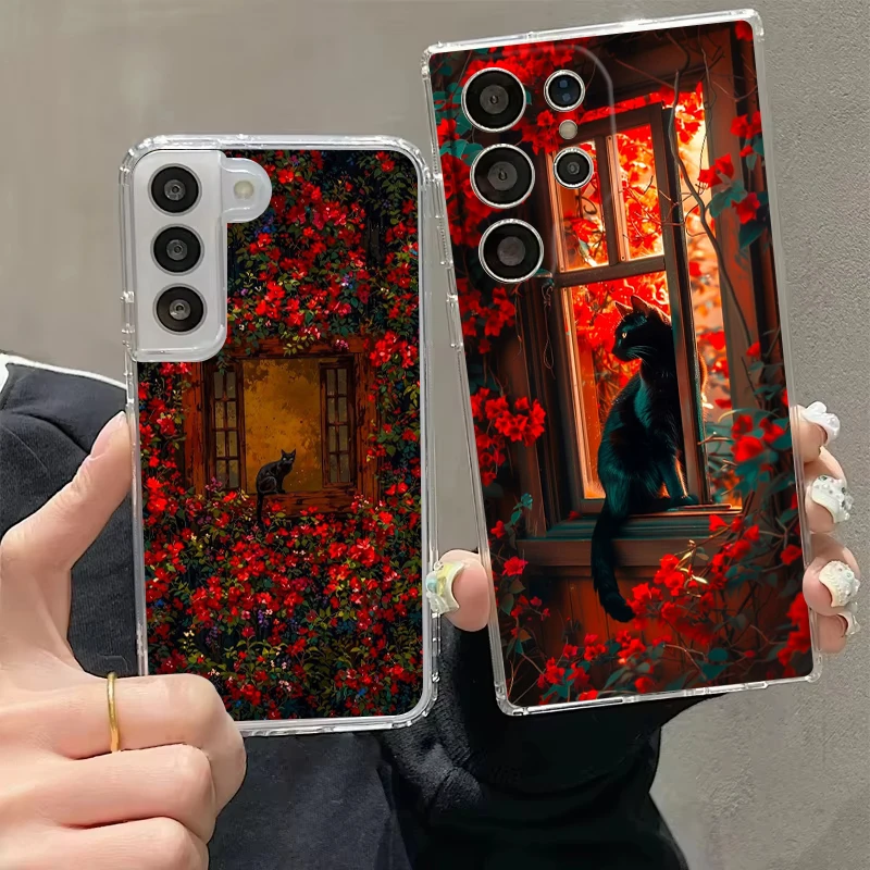 Transparent Cover for Samsung Galaxy S26 S25 S24 S23 S22 S20 S21 FE Ultra S25 Edge Plus 5G Phone Case Present Flowers And Cats
