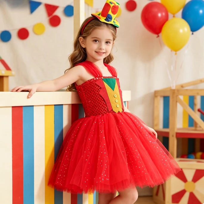 Children Red Sparkly Halloween Circus Clown Role Play Tutu Skirt With Colorful Headband Outfit For Girls Stage Performance Wear