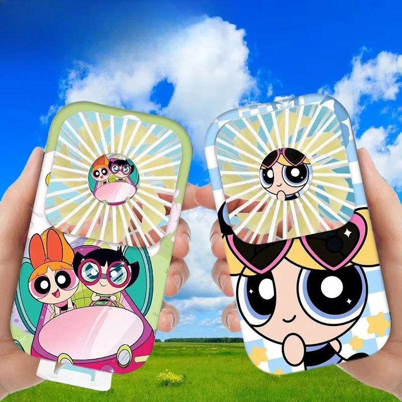 New The Powerpuff Girls Blossom Buttercup Bubbles Anime Peripheral Creative Summer Portable Handheld High Wind Silent Small Fan