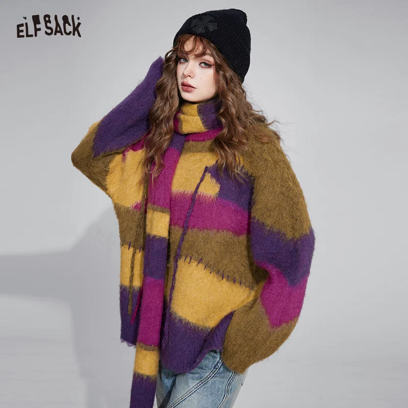 ELFSACK Free Scarf Rainbow Striped Sweater Women 2023 Winter New Korean Fashion Designer Tops