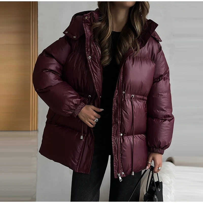 Women's Winter Jacket Hooded Drawstring Zipper Stand-Up Collar Lace Up Winter Jacket Female Loose Casual Chic Jackets For Ladies