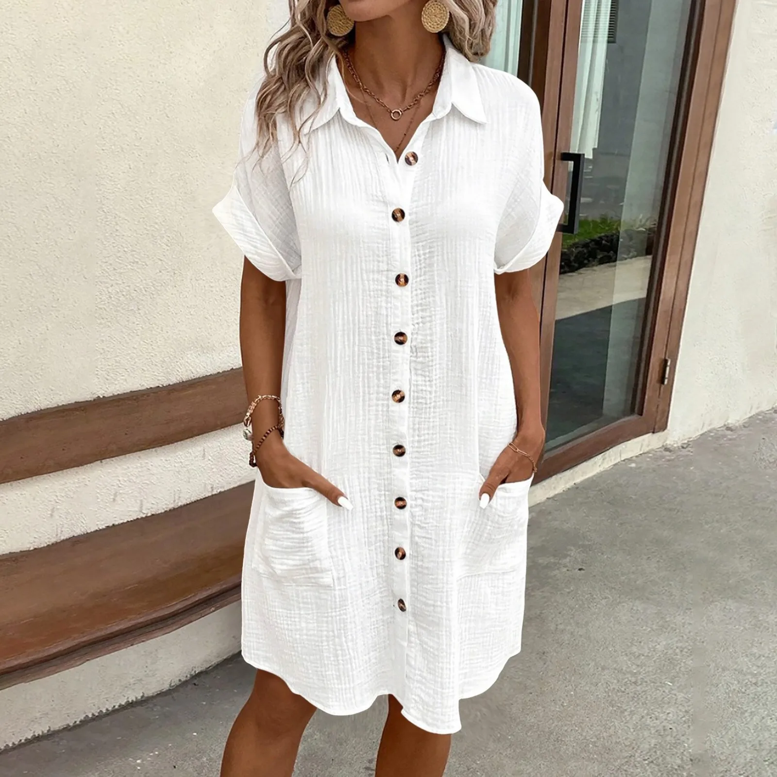 

Fashion Simple White Loose Women's Party Dress Elegant Casual Short Sleeve Buttons Pockets Cardigans Holiday Shirt Dresses