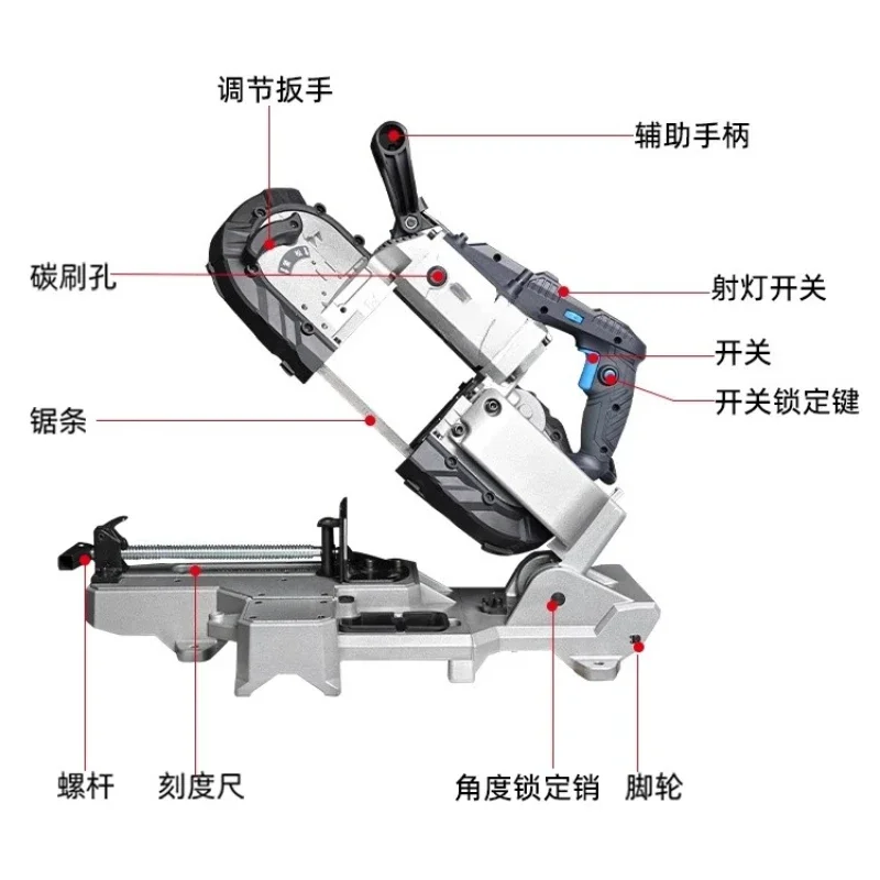 Portable Multifunctional Band Saw Handheld Metal Cutting Machine Tools Horizontal Sawing Machine Continuously Variable Speed