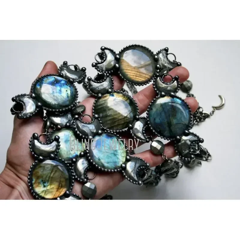 10pcs Labradorite Moon Phase Statement Necklace Women Pyrite Choker Goth Wicca Stainless Steel Collar Arcane Tiki y2k Jewelry
