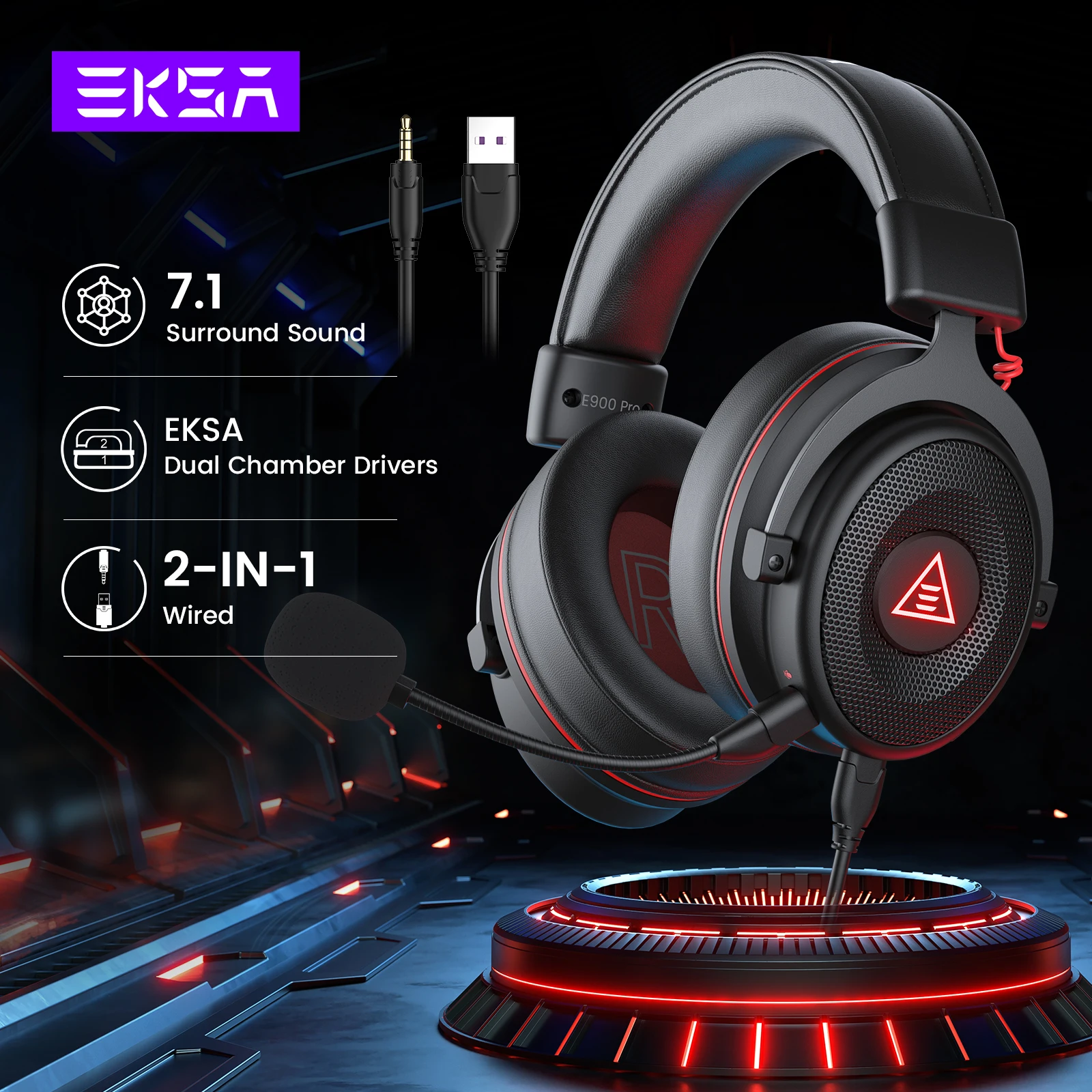 EKSA PC Gaming Headphones Over-Ear,E900 Pro 7.1 Surround Wired Headset Gamer, with Detachable Noise Cancelling Mic, for PS5/Xbox