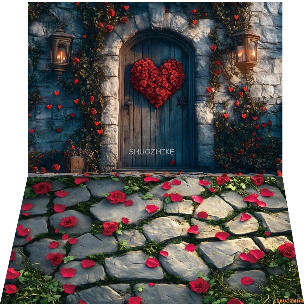 Фон на День святого Валентина Романтический цветок розы Любовь Сердце Камень Стена Деревянная дверь Свадебная пара Портретная фотография Фон