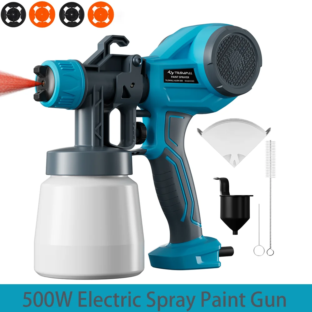 500W Electric Paint Sprayer For Fence Blue Ultra-Light Easy To Assemble And Clean 4 Nozzles 3 Spray Patterns Ideal For Fences Sheds Walls And Ceilings