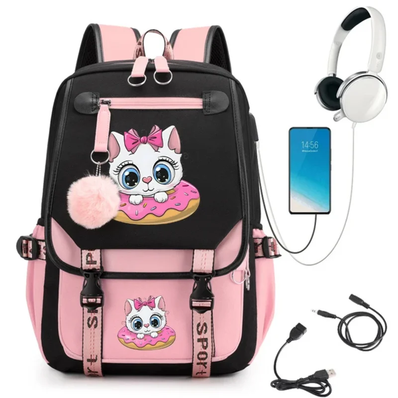 Sac à Dos en Toile Rose avec Chargeur USB pour Étudiant, Cartable pour Adolescent, Dessin Animé Chat Matut, Fille