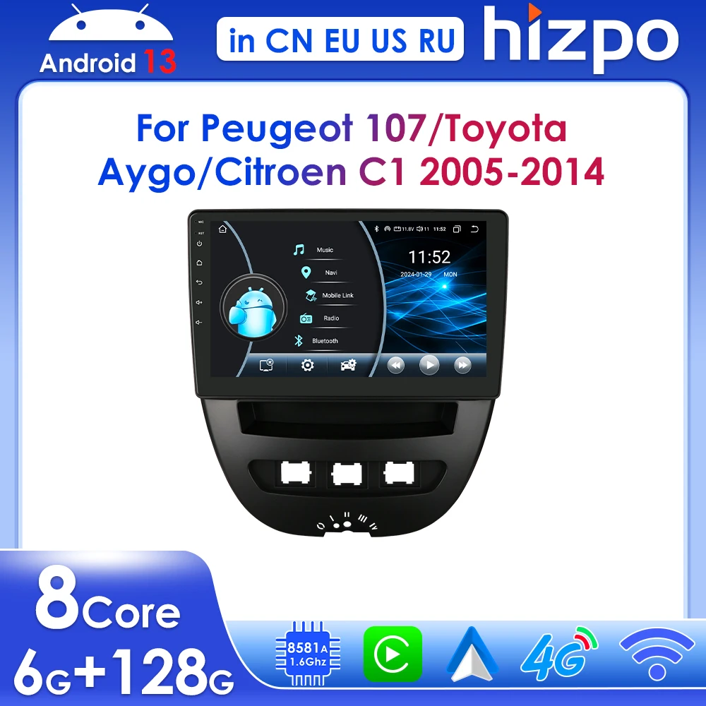 Hizpo-カーラジオ,マルチメディアプレーヤー,GPSナビゲーション,Android,ワイヤレス,CarPlay,2 DIN,DSP,プジョー107,トヨタアイゴ,シトロエンc1,10.1インチ