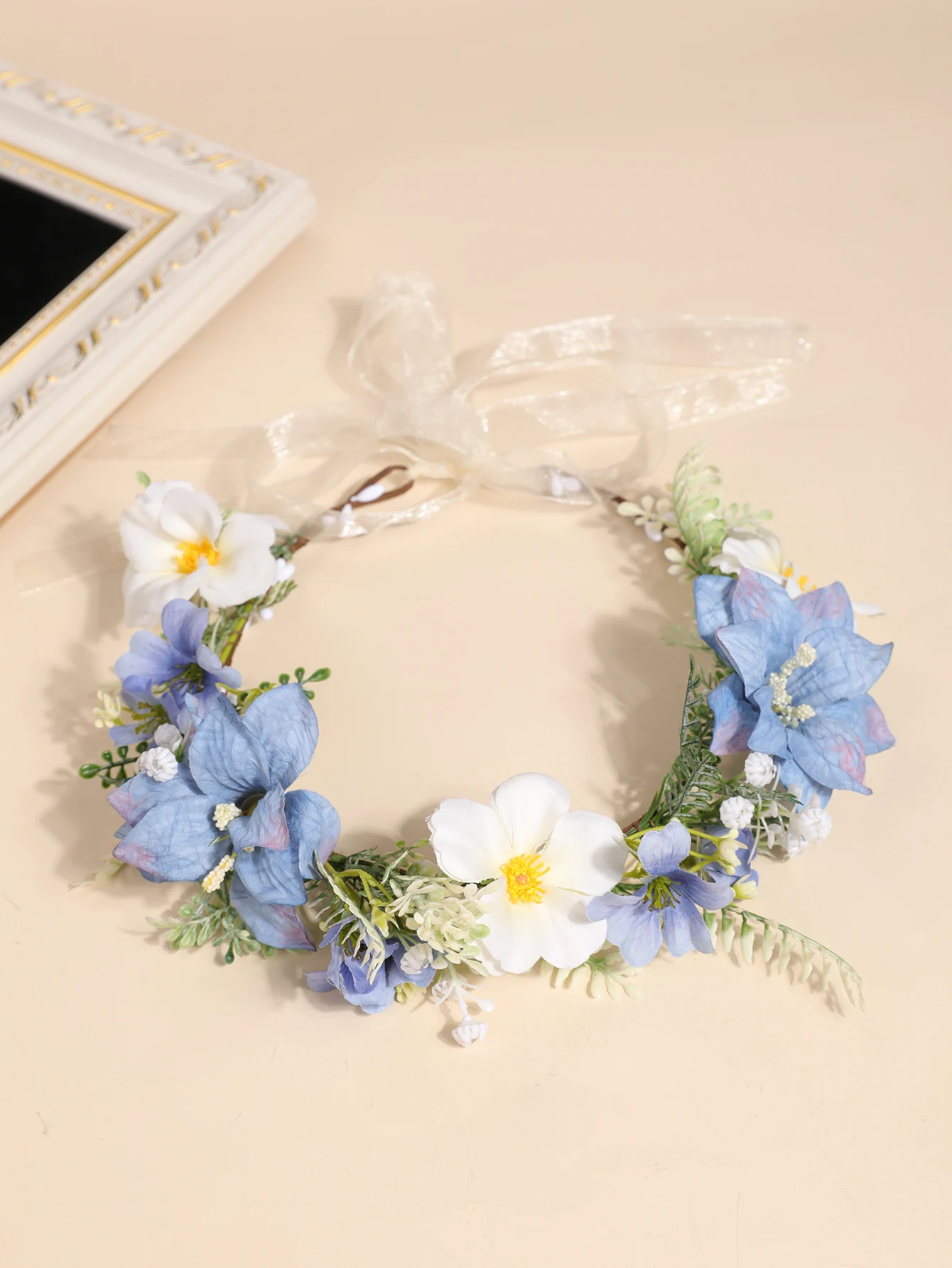 Handmade Blue and White Floral Headband, Fairy-Like Mesh Ribbon Flower Hair Accessory, Outdoor Wedding Photo Shoot Pastoral Style Flower Crown image 4