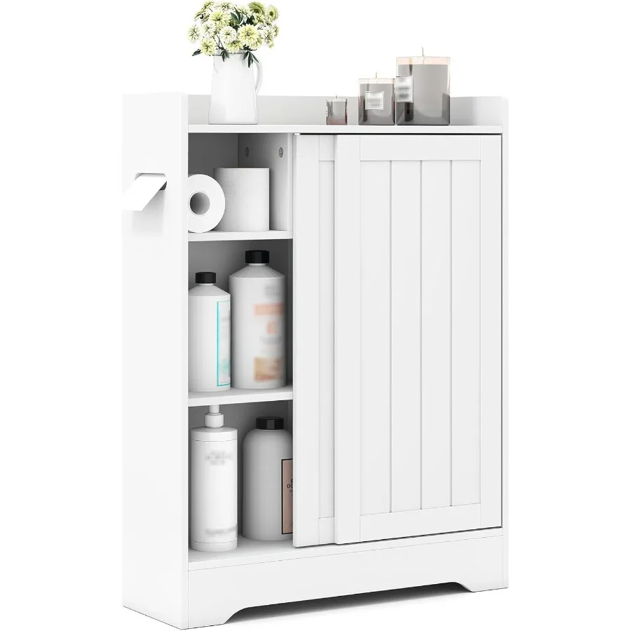 

Slim Floor Cabinet with Toilet Paper Holders and Brush Compartment Adjustable Shelves Sliding Door Storage Cabinet for Small Ba