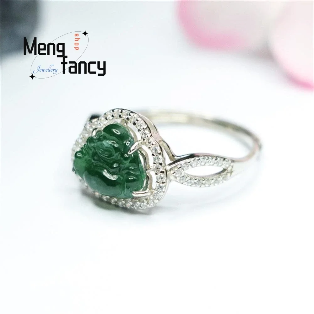 S925 Silver Lnlaid Natural Ice Jadeite Blue Water Maitreya Ring Exquisite Elegant Charm High-grade Couple Luxury Quality Jewelry