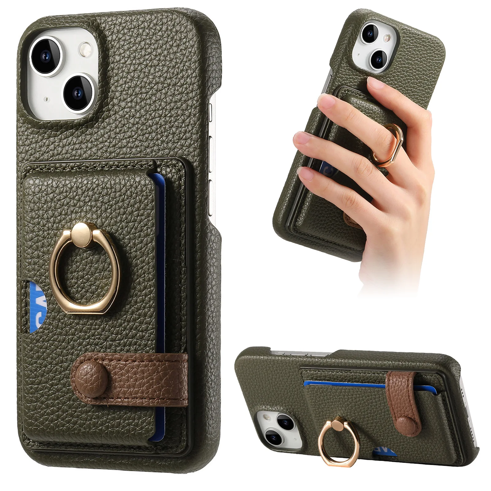 Leather Ring Support Phone Case for IPhone 17 Air 16E 18 16 15 14 13 12 11 Pro Max Plus Wallet with Card Holder Shockproof Cover