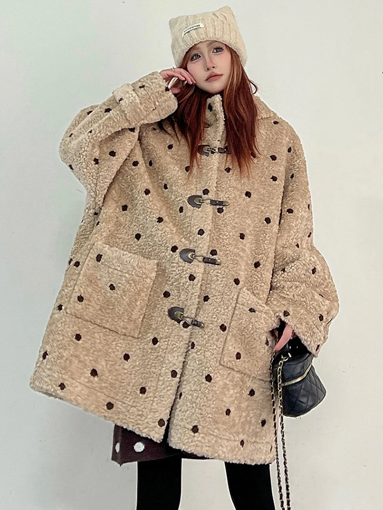 YERMORA Coffee Dot Button Pocket Thick Jacket For Women Hooded Long Sleeve Loose New Coat Fashion Tide Autumn Winter 2025