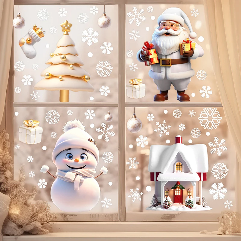 

New Christmas Snowman Snowflake Santa Claus Wall Stickers Glass Window Decorations Room Home Decor Electrostatic Stickers