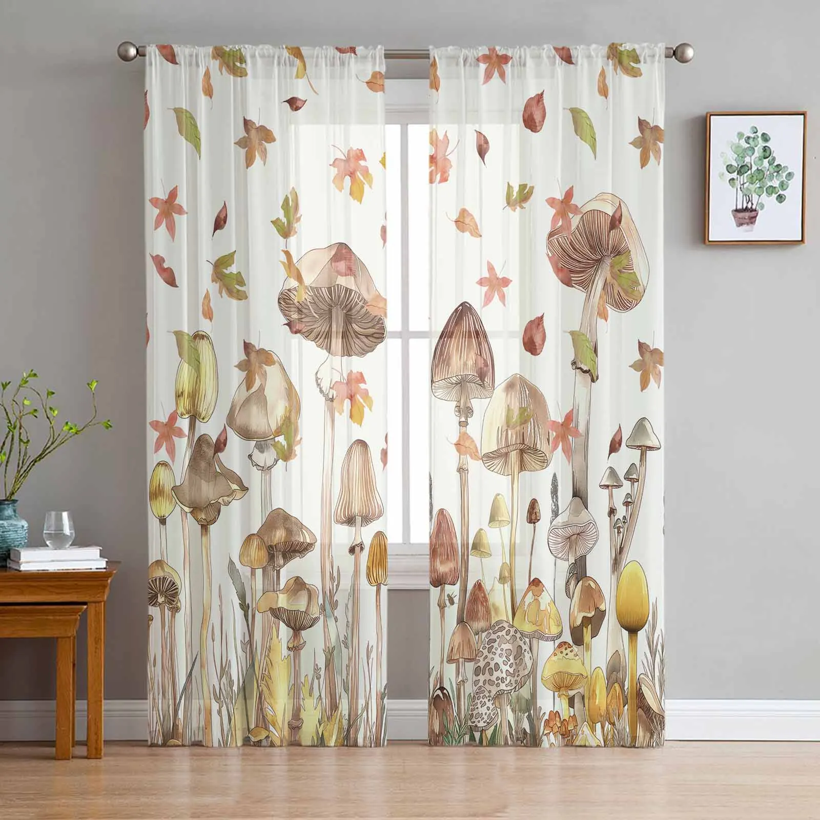 

Autumn Watercolor Mushroom Leaves Sheer Curtain Living Room Drapes Home Bedroom Voile Curtain Tulle Window Curtain