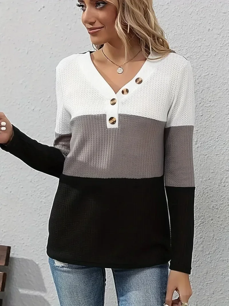 

Plus Size Women's 1XL-5XL Casual Top Ladies Spring and Autumn Colored Long Sleeved V-neck Top Waffle Casual T-shirt