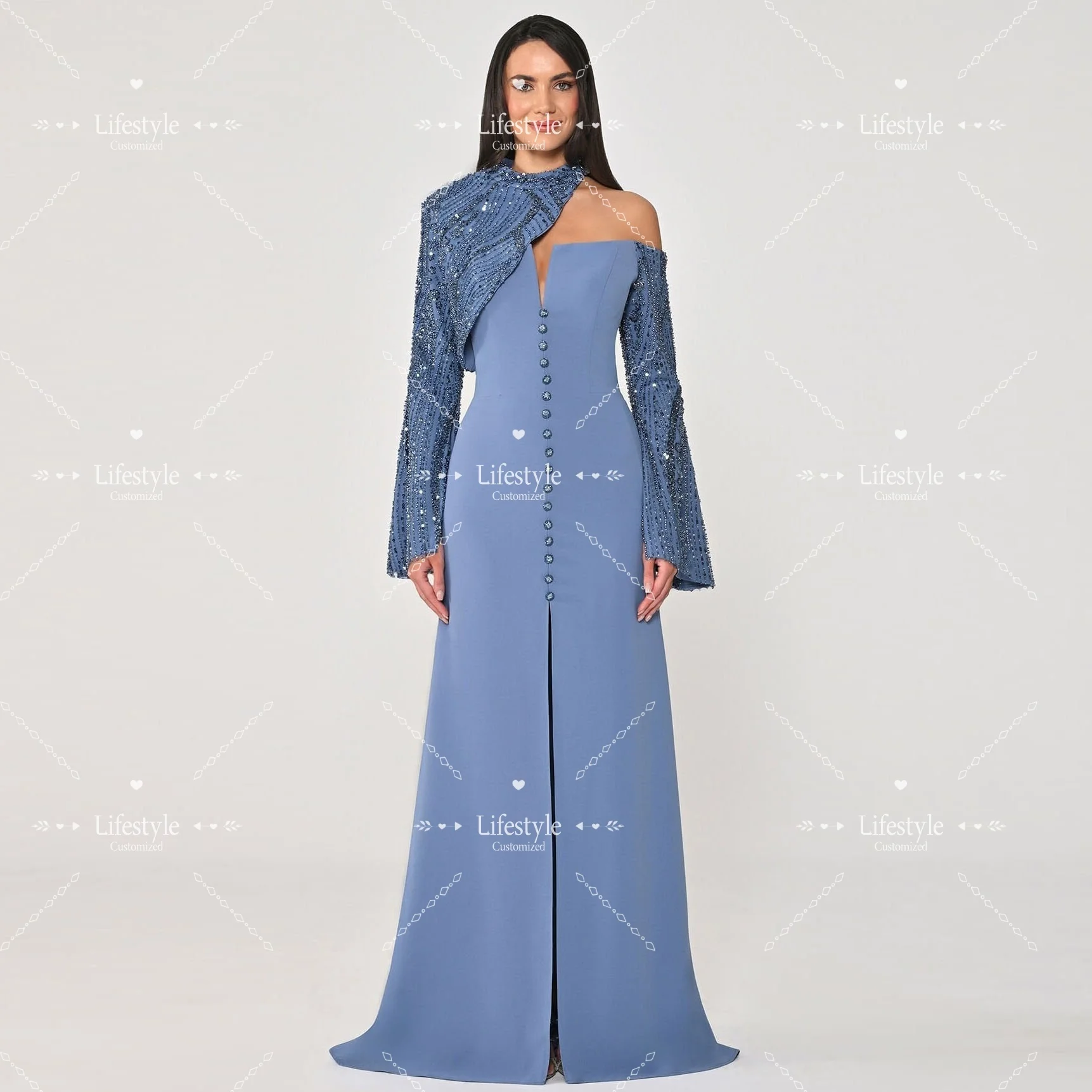 Customized Shiny Long Sleeves Halter Prom Dresses Luxury Evening Dress Front Slit Buttons Wedding Formal Party Gown