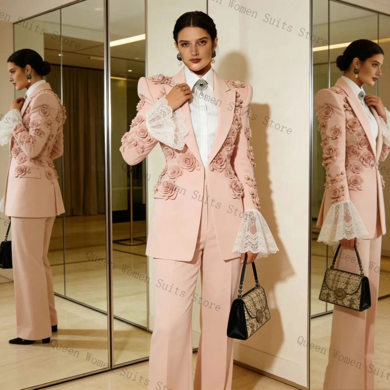 Pink Women Suit Set 2 Pcs Blazer Pants 3D Flower Cotton Lace Outfit Prom Formal Office Lady Jacket Wedding Coat Customized