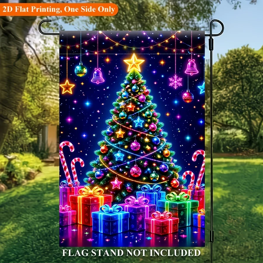 2D Flat, 2D-1pc 2d Print Garden Flag 12*18in Christmas Fluorescent Christmas Tree Color Garden Flag Peach Skin Double-sided Welcome Flag Is Very Suitable for Garden, Lawn, Courtyard, Home, Outdoor, Beach Decoration Flag Outdoor Decoration Popular
