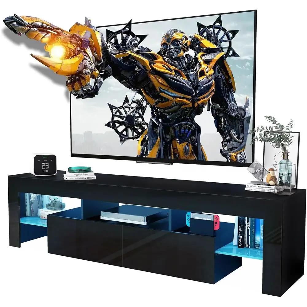 Black TV Stand, 60 65 70 75 inch Wood TV Stand, High Glossy Entertainment Center with Large Ders＆Glass Display Shel, LED ern Med