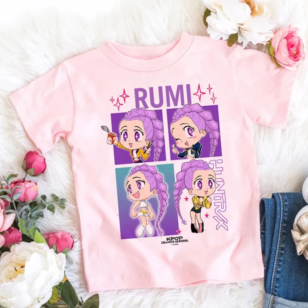 T-shirt K-pop Demon Hunters pour enfants, un vêtement avec motifs de dessins animés, un haut décontracté pour filles, options de cadeaux