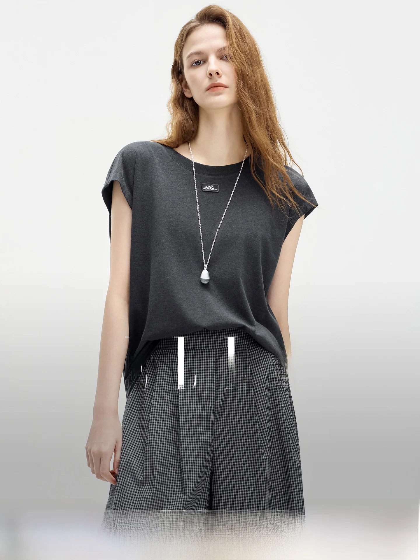 

ELLE Commuter Loose Short Sleeve Women's T-shirt Design Summer New Style Cotton Blend Comfortable High Waist U-Neck Top