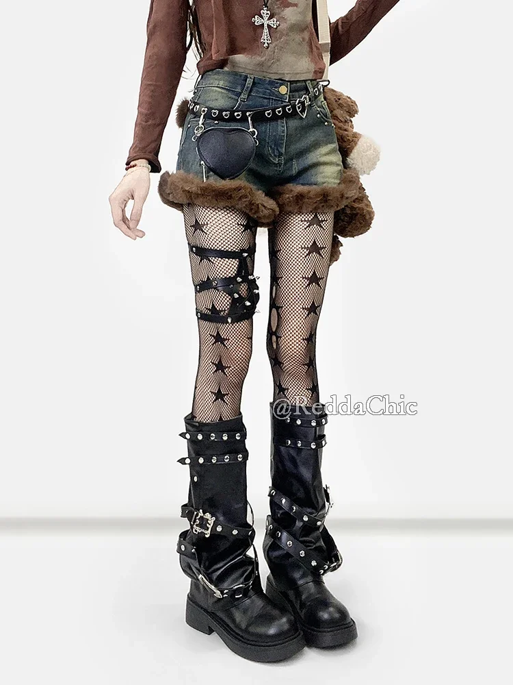 IMU Cute Fluffy Denim Shorts Stretch Stitch Faux Fur Distressed Ripped Cargo Jean Shorts Y2k Retro Women Winter Clothes