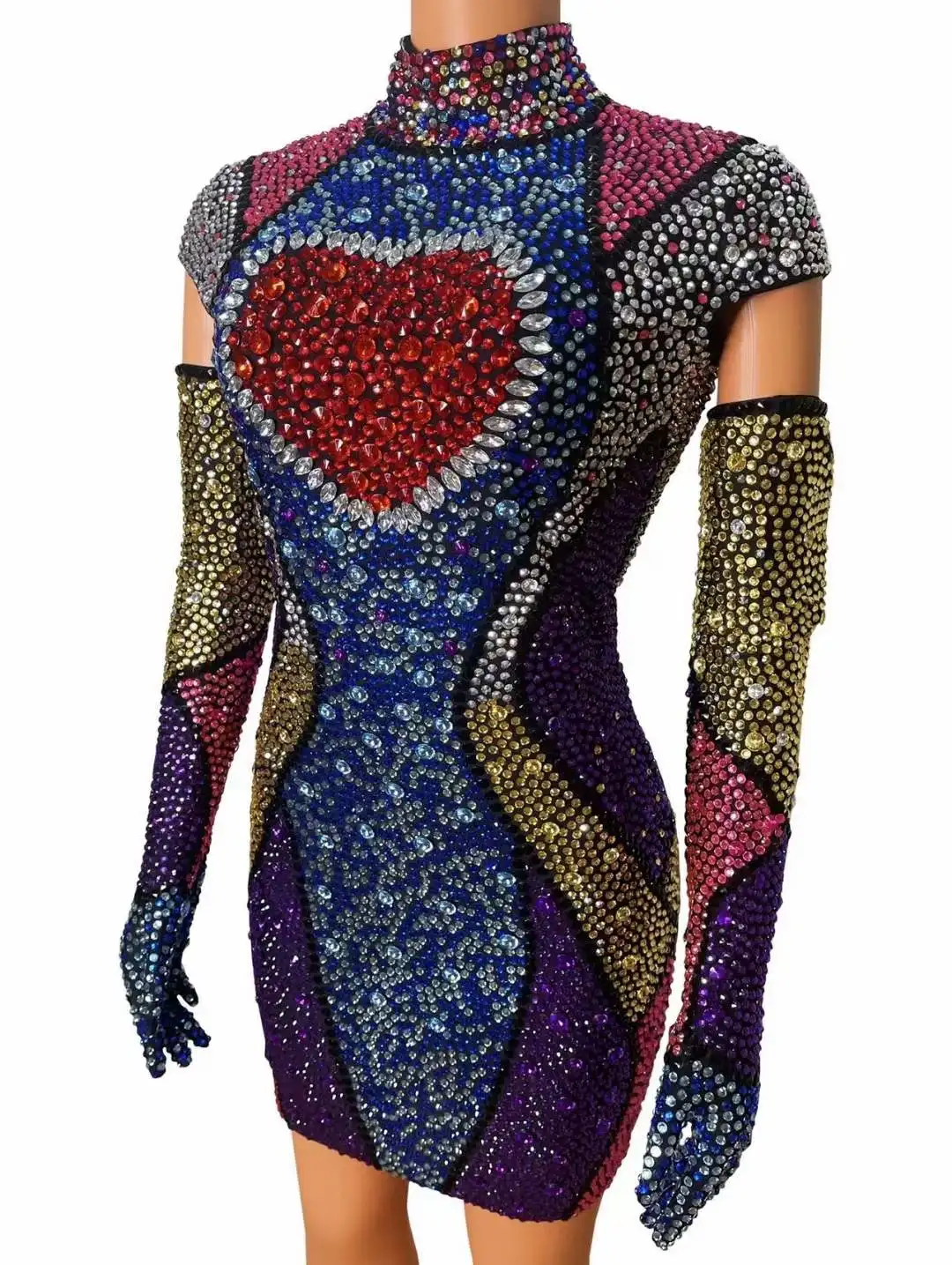 Strass Kleid Frauen Geburtstag Party Drag Queen Outfit Mit Handschuhe Kurze Länge Kleider High Neck Glänzende Bühne Tragen