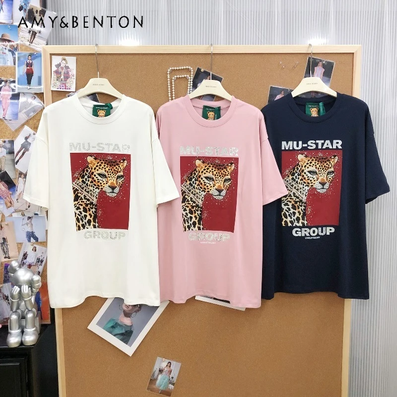

Fashion Heavy Industry Diamond Drills Leopard Cartoon Printing Top Loose Casual 6-colors Pure Cotton O-neck Short-sleeved Tshirt