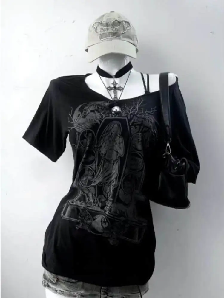 

Street Sle Spliced oulder Biker ort Sve T-irt Women's Summer Hot Girl Retro American Y2K Millennium Trend Top