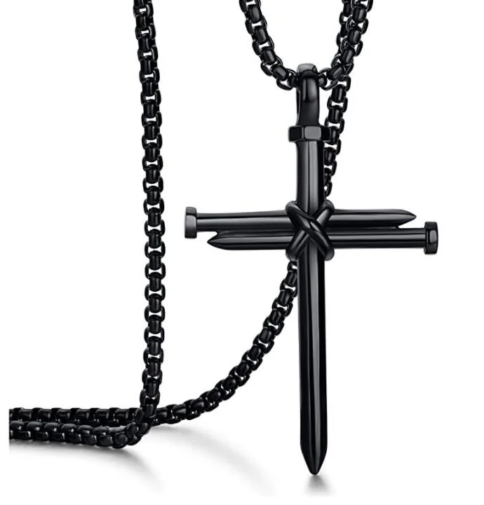 Mens Jewellery Black Stainless Steel Necklace Men Nail Cross Pendant Chain Necklace Christian Church Gothic Accessories Collar