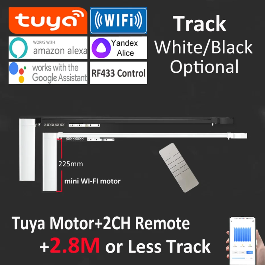 Short Tuya Wifi Electric Smart Curtain Motor 225mm+2.8M Rod or Less,Intelligent Voice Control Alexa Google Assist Alice,RF433