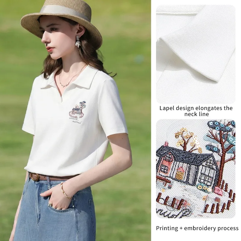 I BELIEVE YOU Short Sleeved Collar T-Shirt 2026 Summer New House Printed Embroidered Elegant Breathable Top For Women 2262016305