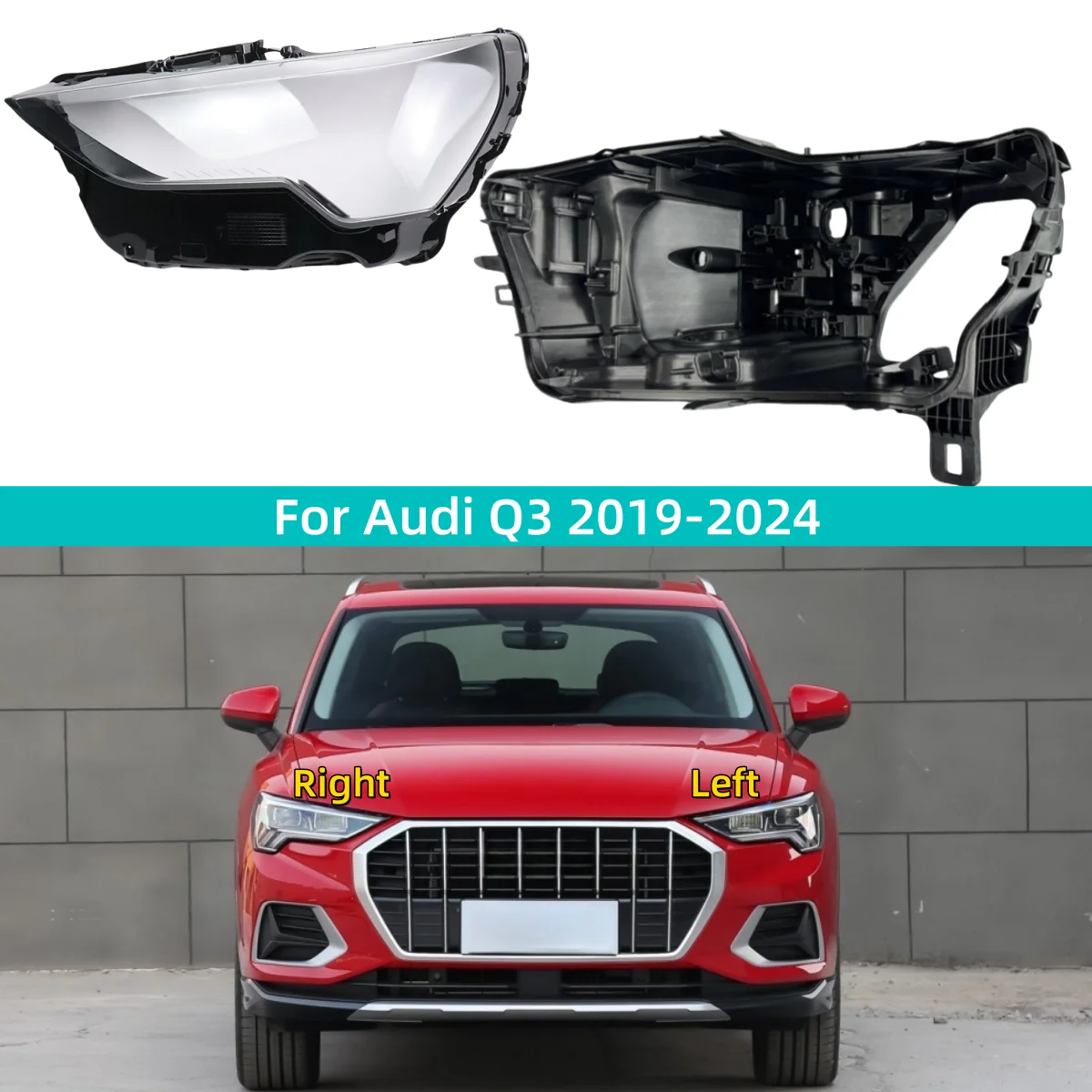 

For Audi Q3 2019 2020 2021 2022 2023 2024 Car Internal Spare Parts Front Lamp Glass Headlights Black House