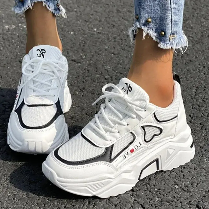 heart white pink platform sneakers Lace-up Front Wedge Sneakers Women Breath Thick Bottom Shoes Lace-Up Flat Leisure Shoes