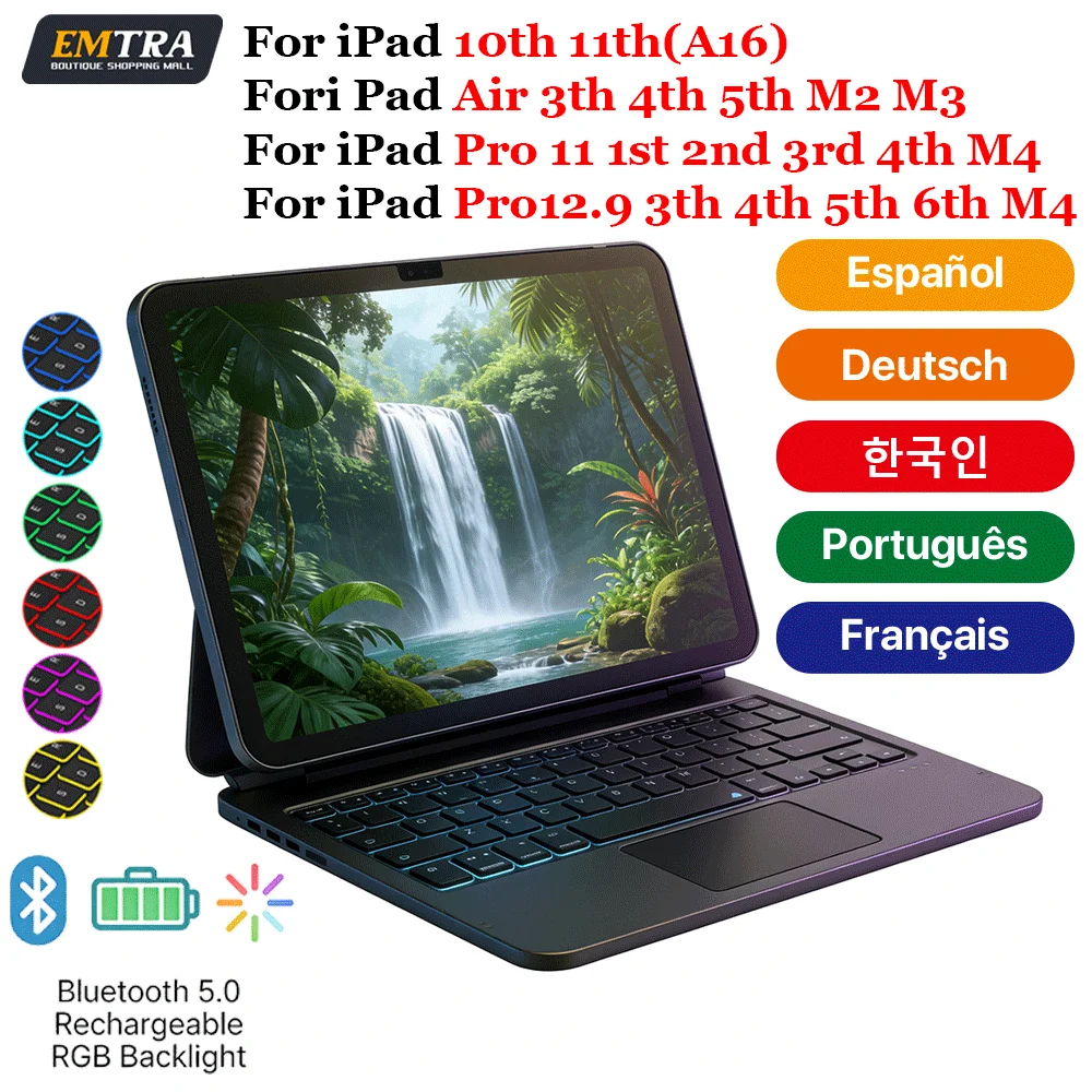 Backlit Touch Control Bluetooth Magic Keyboard for iPad Air 10th Generation 11th Pro 11 12.9 4th Gen Tablet Spanish Smart Cover
