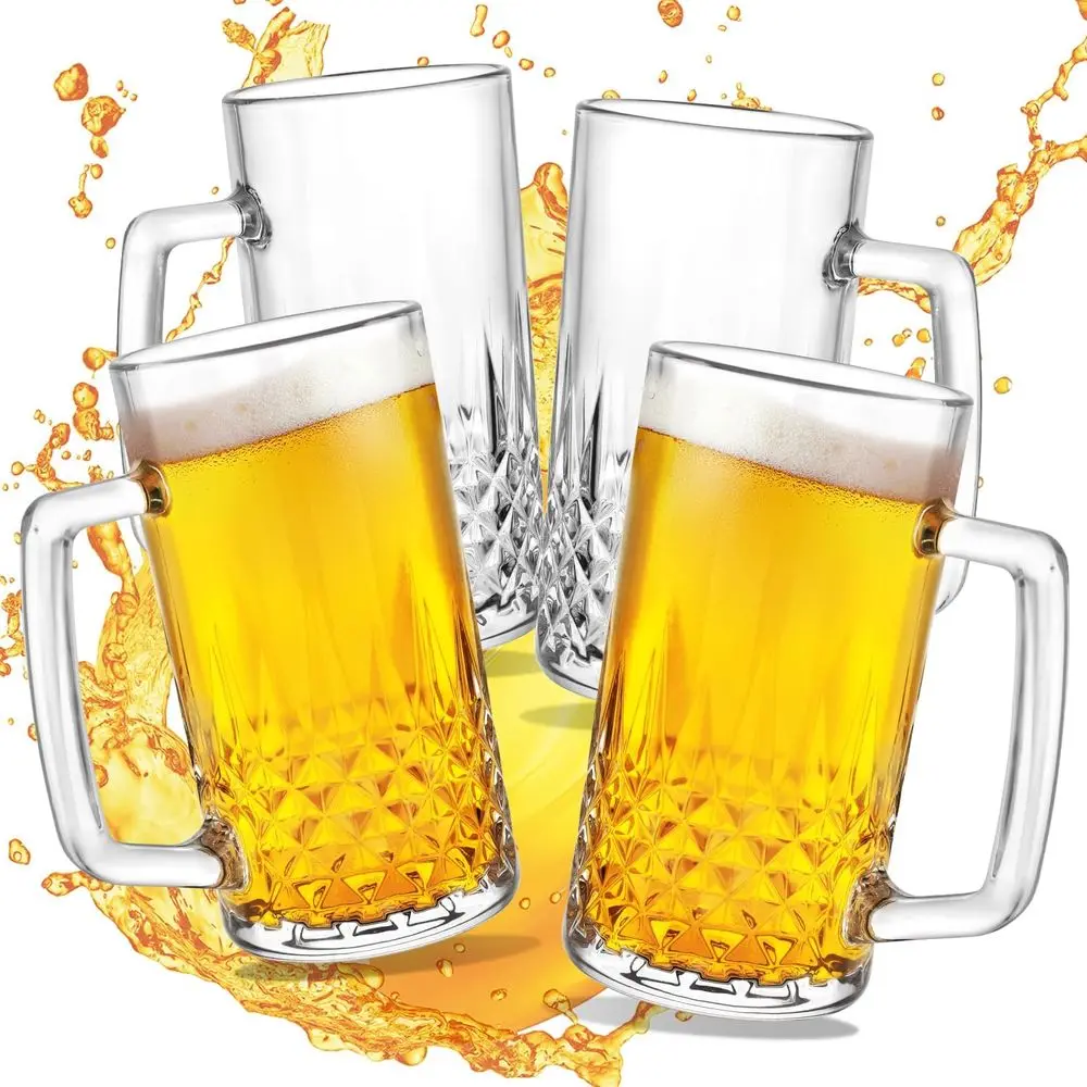 

20 oz Heavy Glass Mugs Set of 4, Clear Large Steins for Tea, Coffee, Oktoberfest Style, Great Gift for Dad, Husband, or Friend
