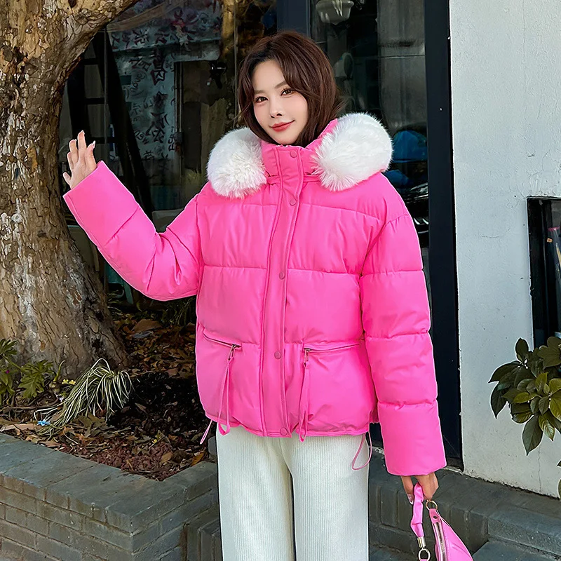 Women's Short Thick Down Cotton Jacket White Big Fur Collar Trendy Parkas