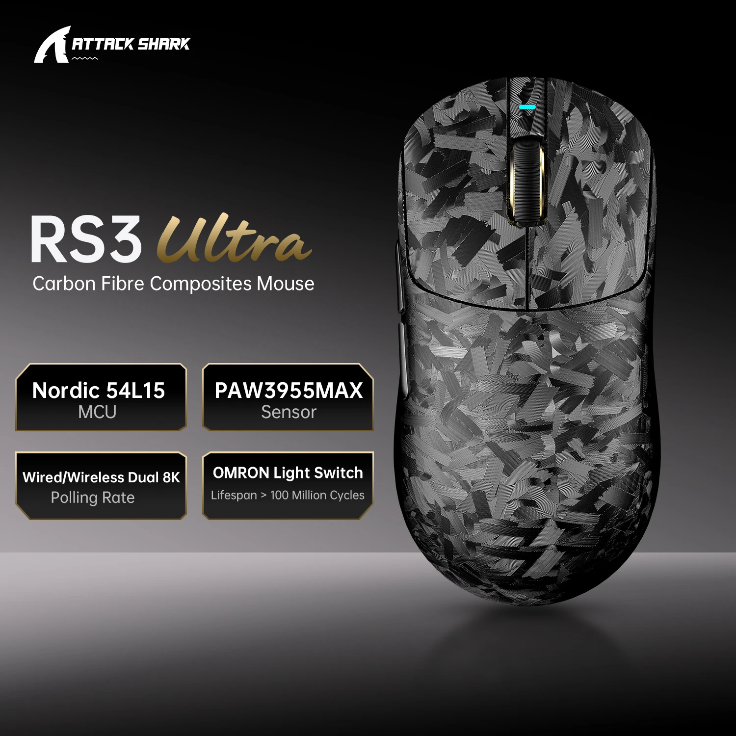 ATTACK SHARK RS3 ULTRA Wireless Gaming Mouse - 8K Polling PAW3955MAX Sensor 52000 DPI Carbon Fiber Ultra-Light for Pro Esport
