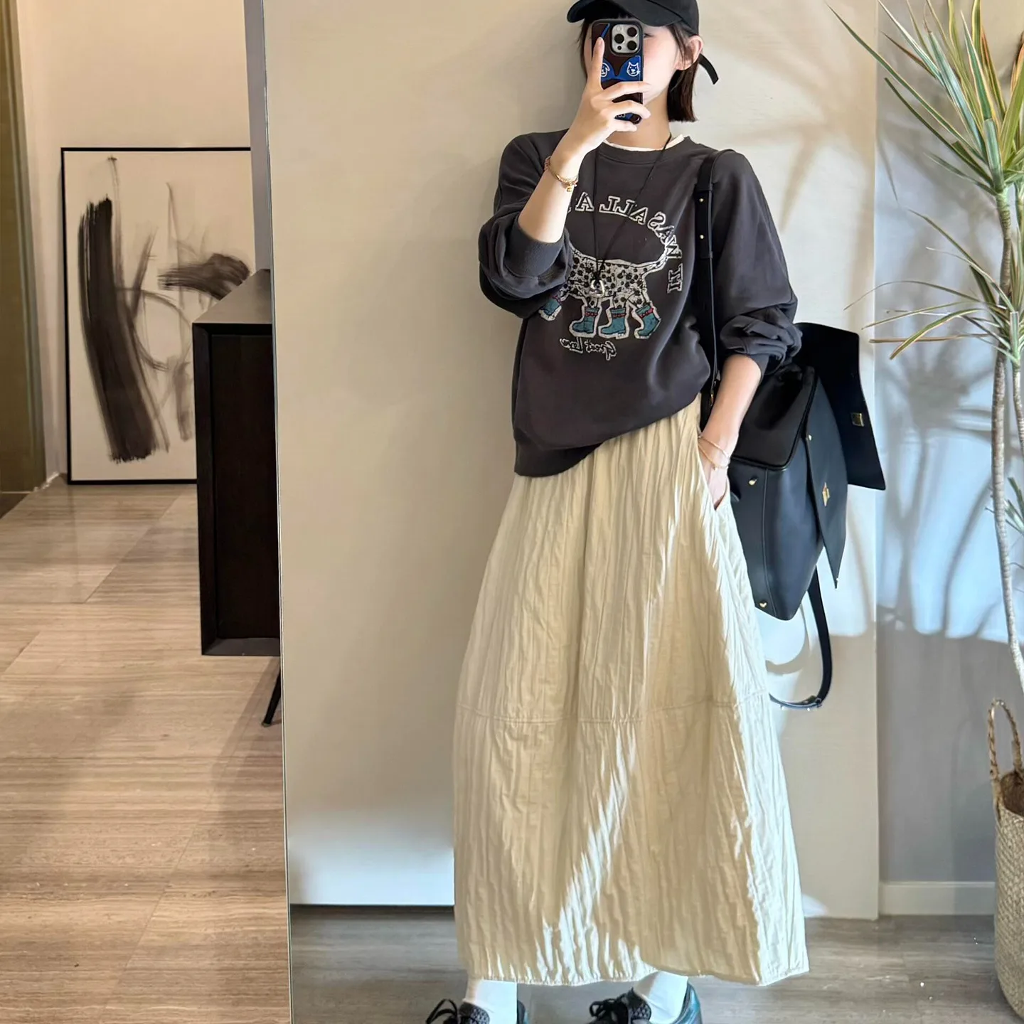 Retro Texture Floral Bud Half Skirt Lantern Skirt Pure Color High Waist A-Line Knitted Casual Elegant Style for Ladies