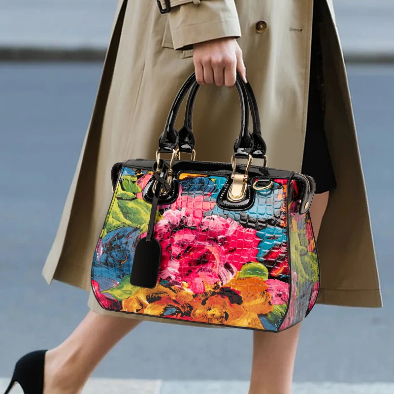 Luxury Colorful Floral Print Leather Handbag for Women, Elegant Top Handle Satchel, Fashion Crossbody Bag for Work & Party