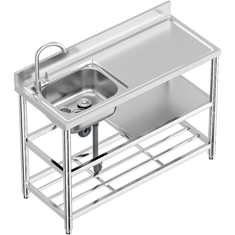 Free Standing Stainless-Steel Single Bowl Commercial Restaurant Kitchen Sink Set w/Faucet & Drainboard