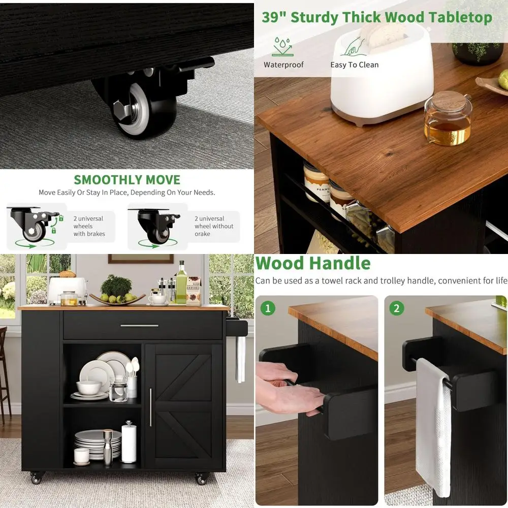 Black Rolling Kitchen Island with Storage, Spice Rack, Towel Bar & Open Shelves