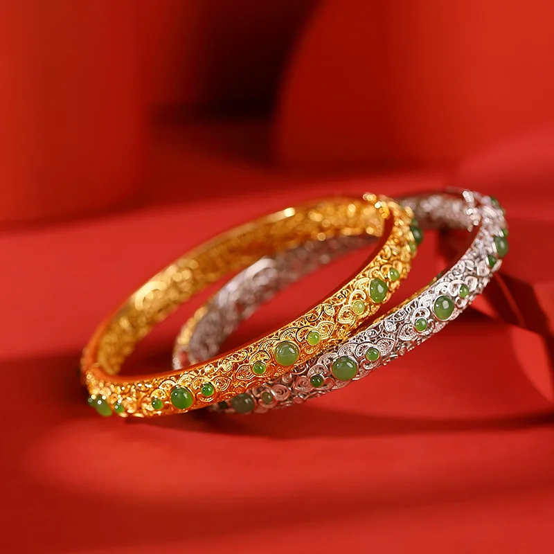 

Уродливые филигранные полые роскошные дворцовые браслеты, женские браслеты из натурального зеленого нефрита и яшмы, открывающиеся позолоченные ювелирные изделия из серебра 925 пробы