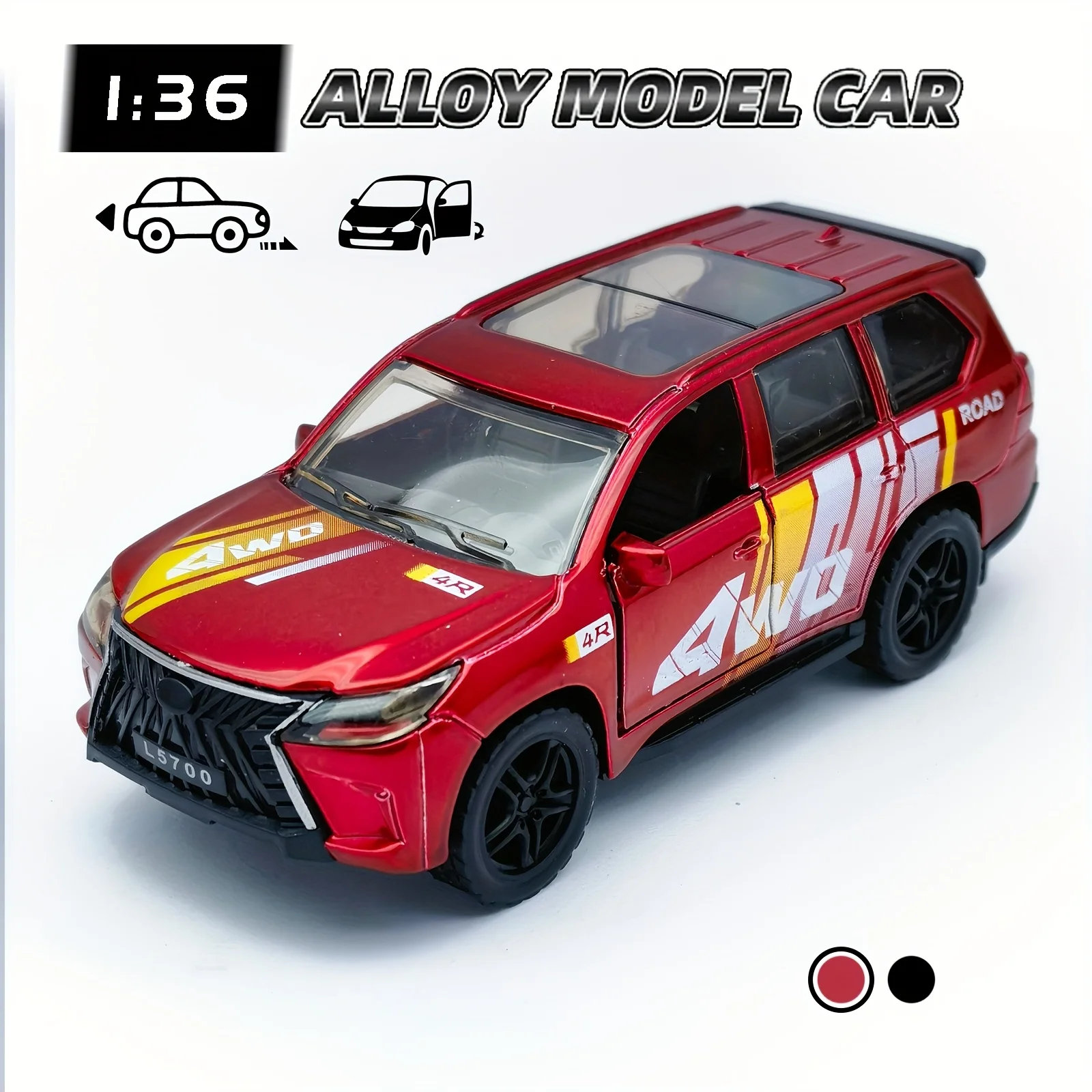 1:36 스케일 오프로드 SUV 자동차, 풀백/추진 기능 포함 - 빨간색과 검은색 경주용 자동차, 배터리 필요 없음, 내구성 있는 합금으로 제작, 소년과 소녀를 위한 생일/크리스마스 선물 - 실내/실외 모험, 실내 탐험, 스포티한 디자인, 견고하고 내구성 있는, 생일 선물에 적합